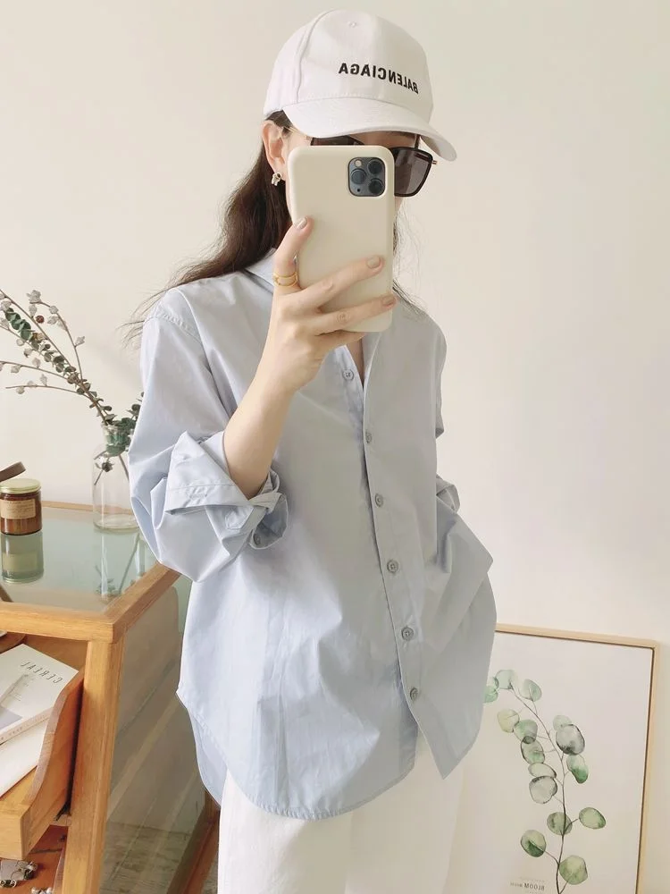 

Женская рубашка Ele Commuting Outfit 2025: ранняя осень, уникальный дизайн в стиле INS, нежно-голубой цвет, из чистого хлопка, с длинным рукавом.