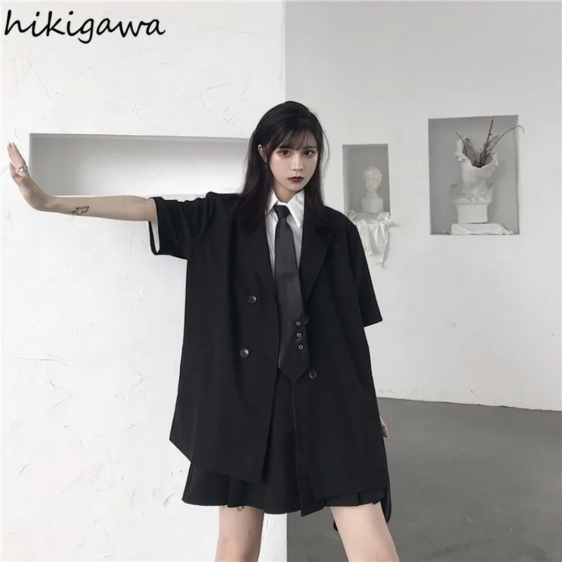 Black Blazer Mujer De Moda 2024 Summer Thin Harajuku Jackets Short Sleeve Double-breasted Oversized Tops Fashion Casual Coat