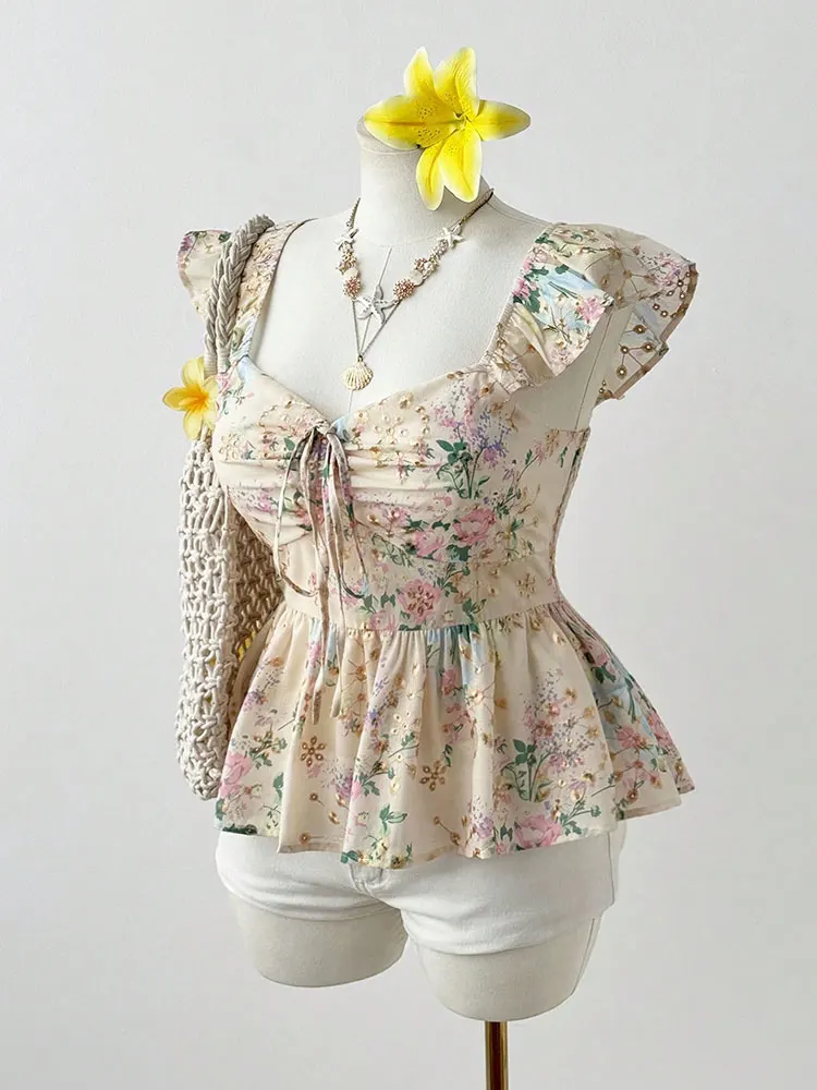 New Embroidery Floral Plus Size Short Corset Waist Ruffle Flutter Sleeve Vest Top Square Neck Drawstring Tie Beige Women Clothes view 2