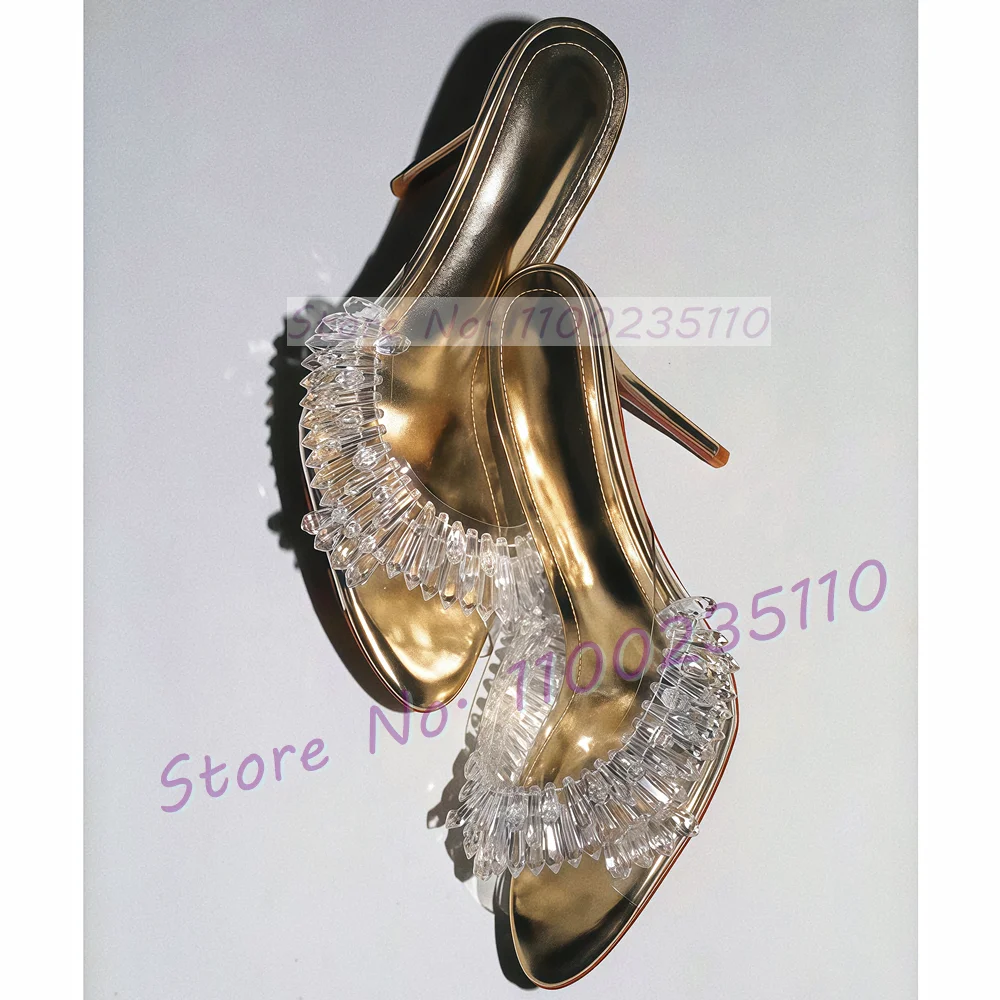 

Gold Metallic Clear Drip Crystal Slippers Women Shimmer Pendant Chandelier High Heels Mules Sexy Ladies Party Shallow Shoes