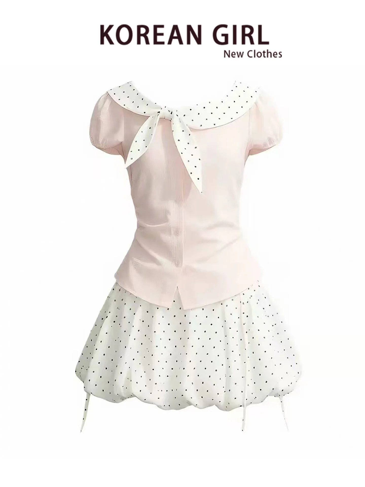 Summer Sweet Style Women's Pink Polka Dot Bow Tie Short Sleeve Shirt Flower Bud Half Skirt Two Piece Set Breathable Bubble Sl...