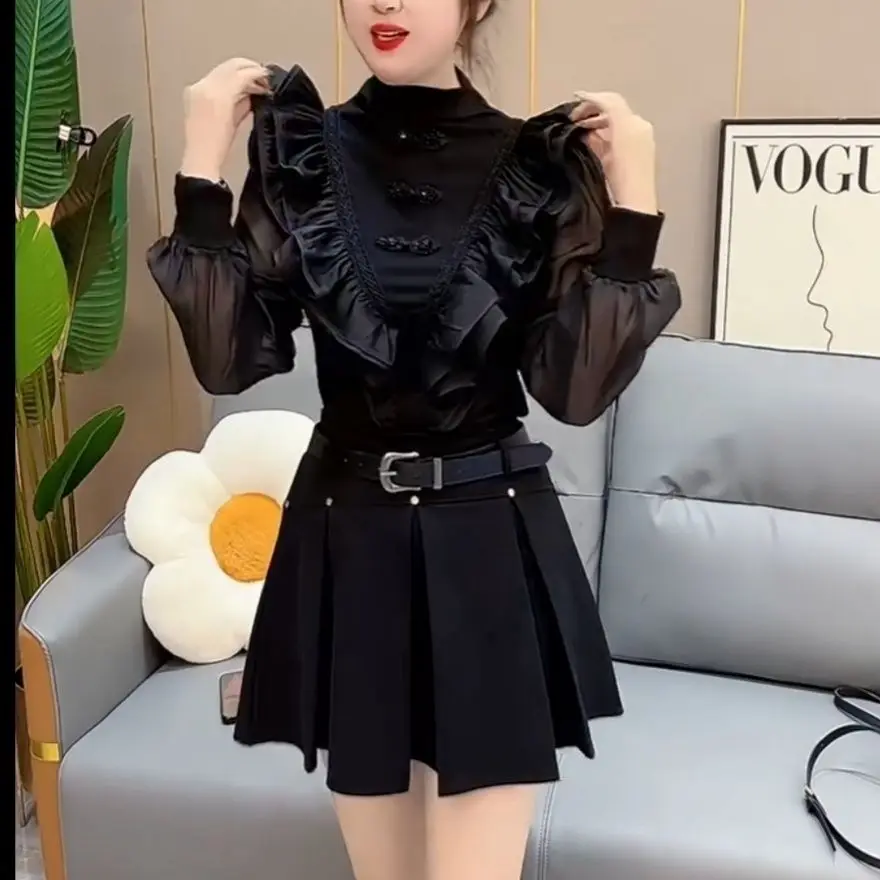 

Осенне-зимняя женская рубашка контрастного цвета с листьями лотоса для тяжелой промышленности, облегающий и универсальный базовый топ XQ22