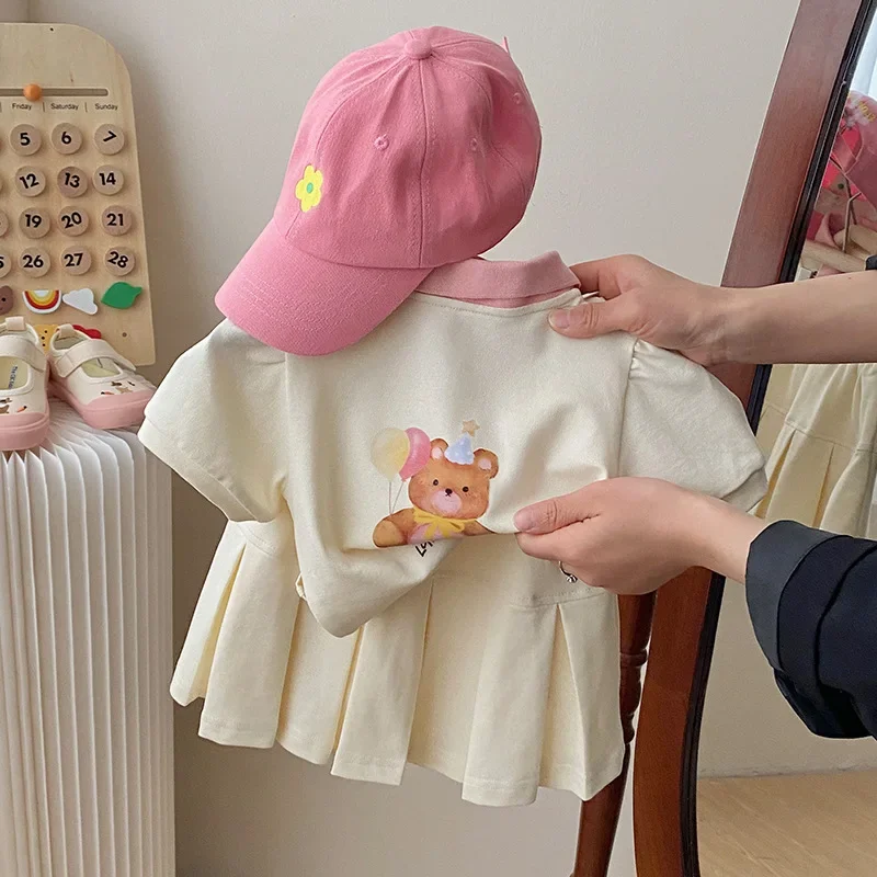 Children's Clothing Sets 2023 Kids Clothes Girls Bear Print Lapel T-shirt Pleated Skirt 2pcs Girl Clothes Baby Girl Outfit Set