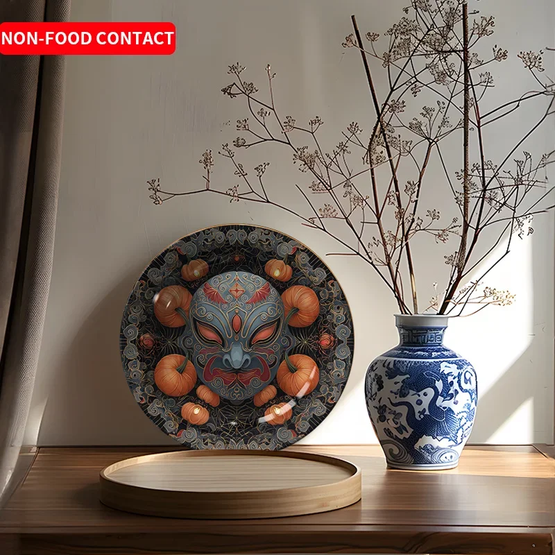 Vintage Ceramic Decorative Plate Suitable for Home - Round Mask & Pumpkin Design Tabletop Decor, Non-Food Contact Retro Plate