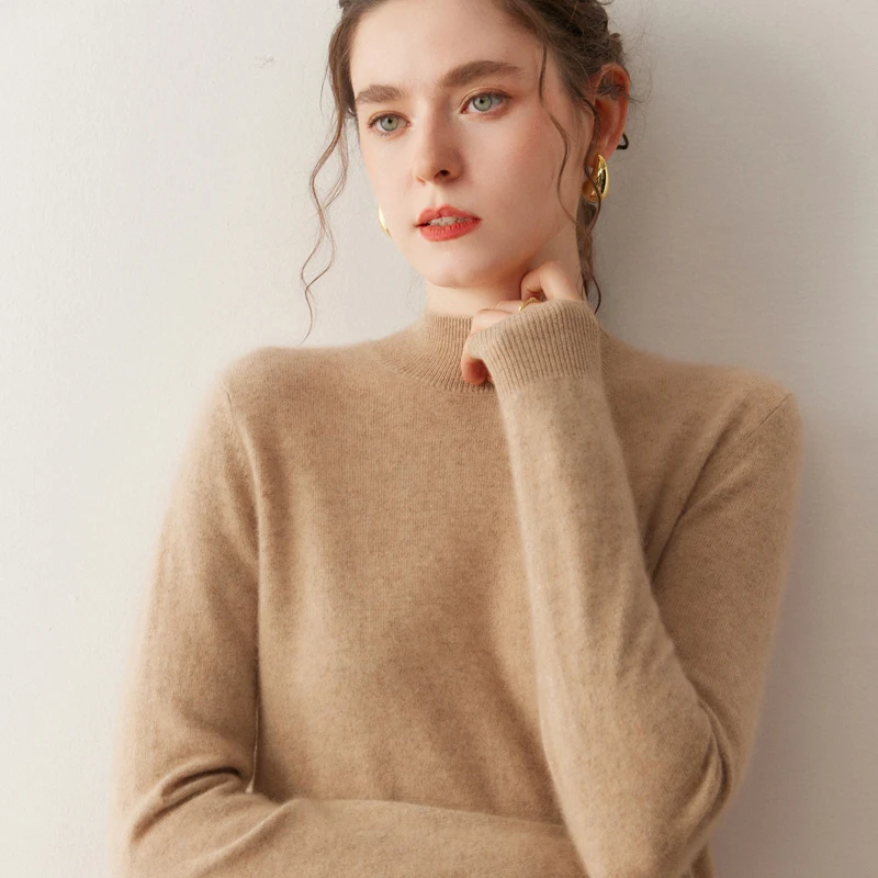 Herbst/Winter Neuer Halbhoher Kragen Kaschmir-Pullover Vielseitiger Damen-Grundkleidungsstaple Einfarbiger Kaschmir-Strickpullover