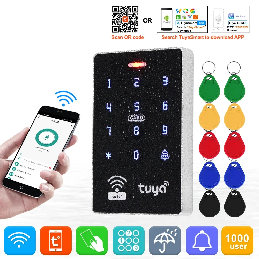 

WiFi Tuya Door Access Control Keypad IP68 Waterproof RFID Keyboard Controller Reader Touch Door Opener APP Remote Unlock WG26/34