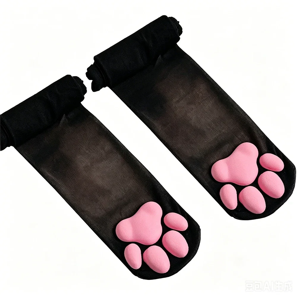 Dehnbare Niedliche Katzenpfoten-Overknee-Strümpfe mit 3D-Silikon-Pfotenpolstern, Kawaii Anime Cosplay Socken für Kostümpartys – Detail 9