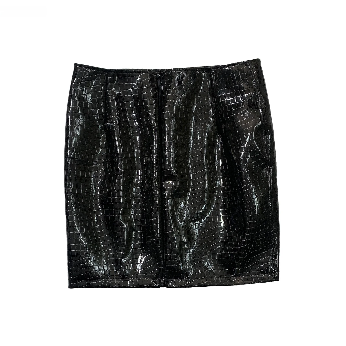 Nerazzurri High Waist Short Skirt Women's Black Alligator Pattern PU Leather  Skirt Bodycon Style Casual Casual Skirt