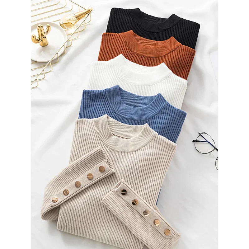 Casual autumn winter women thick pullover pullovers button long sleeve o neck chic sweater female slim knitted soft jumper tops