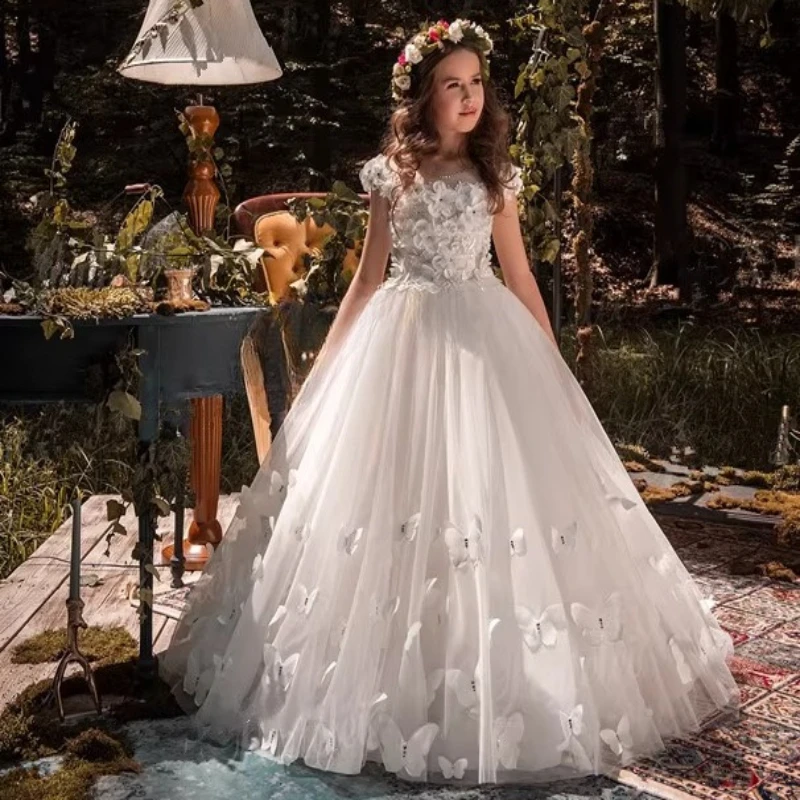 White Long Girls Princess Party Dress with Train for Piano Performance Children Pageant Formal Gown Flower Girl Wedding Birthday