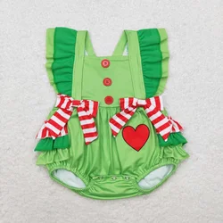 Wholesale Baby Girl Short Sleeves Christmas Heart Newborn Toddler Green Bubble Ruffle Romper Kids Children Infant Jumpsuit