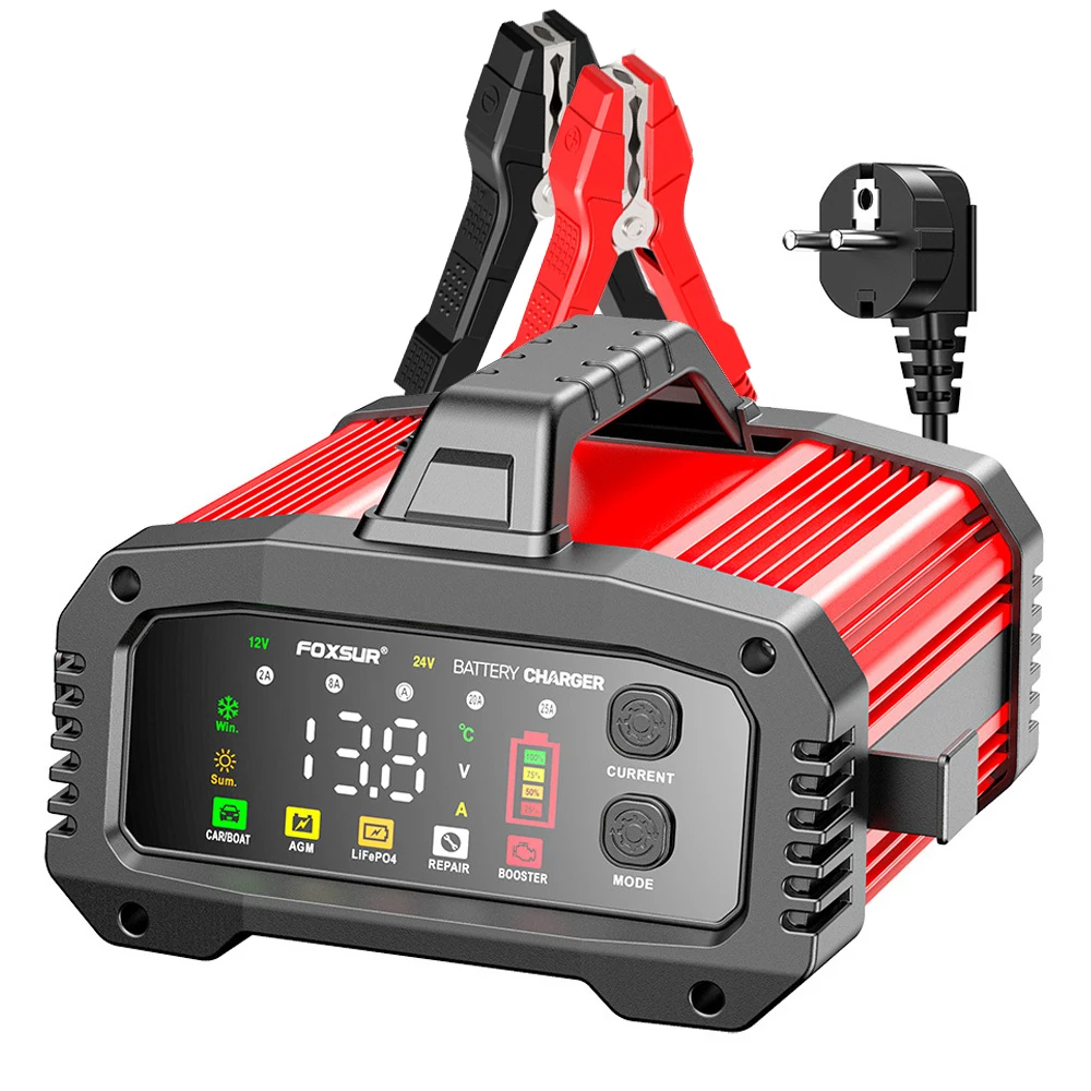 For 12V-24V Motorcycle Lead Acid AGM GEL LiFePo4 Batteries 25A/15A Smart Car Battery Charger Portable Car Booster Pulse Repair