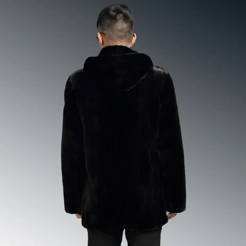 Winter Thick Warm Men Mid-Length Hooded Faux Fur Coat Luxury Brand Single Breasted Long Sleeve Loose Windbreaker Fur Coats
