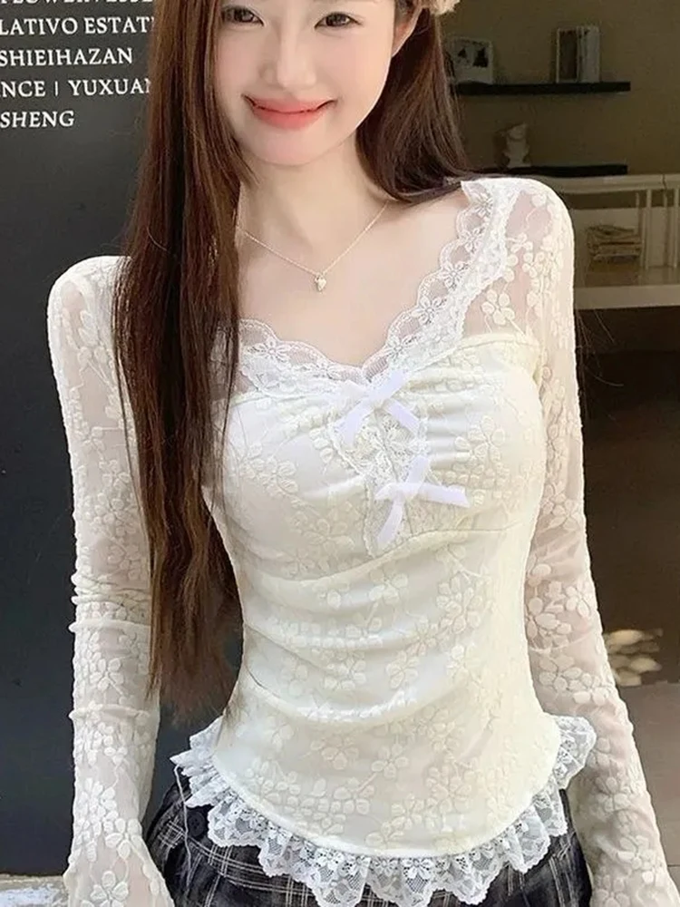 

Korean Fashion Lace Bow Women Shirt Autumn Floral Patchwork Slim Fit Long Sleeve Blouse V Neck Sexy New Sweet Female Tops
