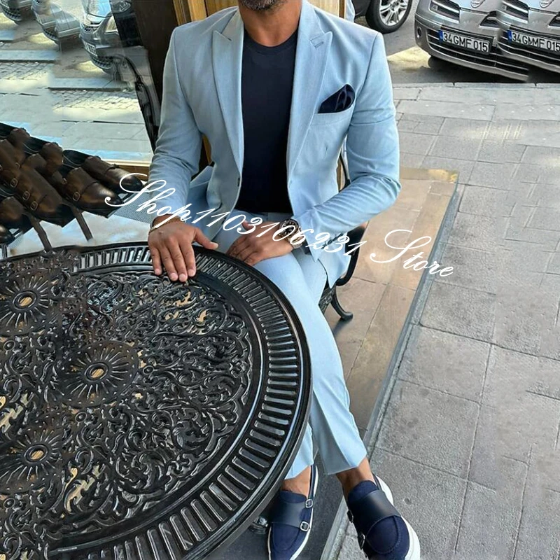 Sky Blue Men Suits 2-Pieces Casual Jacket Pants Slim Fit Business Groom Wedding Tuxedos Peak Lapel Blazer Trajes De Hombre