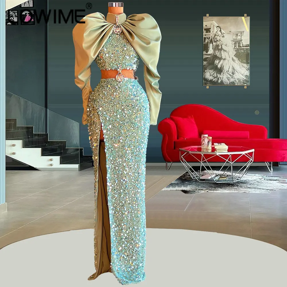 

Sparkly Mermaid Sequin Evening Dresses Fashion Beaded Crystal Birthday Party Drses Lantern Sleeve Sexy Side Slit Prom Gowns Robe