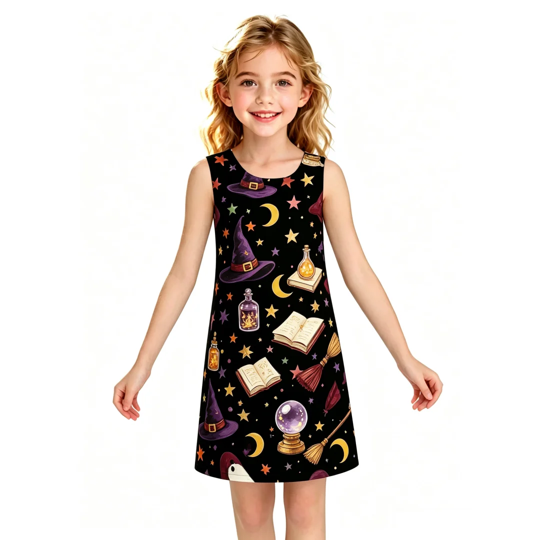 Girls Sleeveless Shift Dress Black Spooky Ghost Colorful Star Moon Print Halloween Casual Outfit for Festival Party Daily Wear ﻿