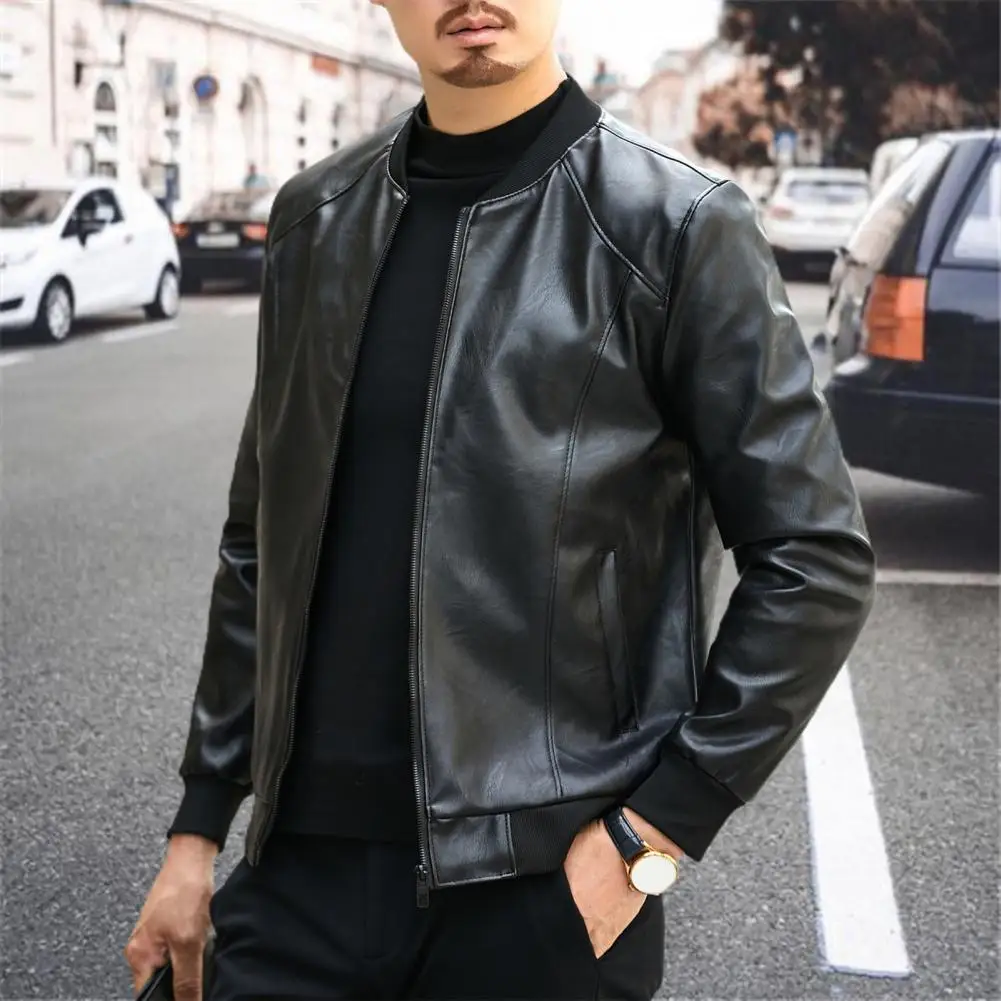 Soft Warm Men Jacket Regular Fit Men Jacket Stylish Men\'s Faux Leather Jacket Warm Stand Collar Zipper Pockets for Autumn