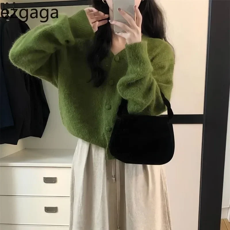 Ezgaga Knitted Cardigan Women Autumn Winter Fashion Loose Solid V Neck Outwear Cropped Sweater Vintage Sweet Female Tops