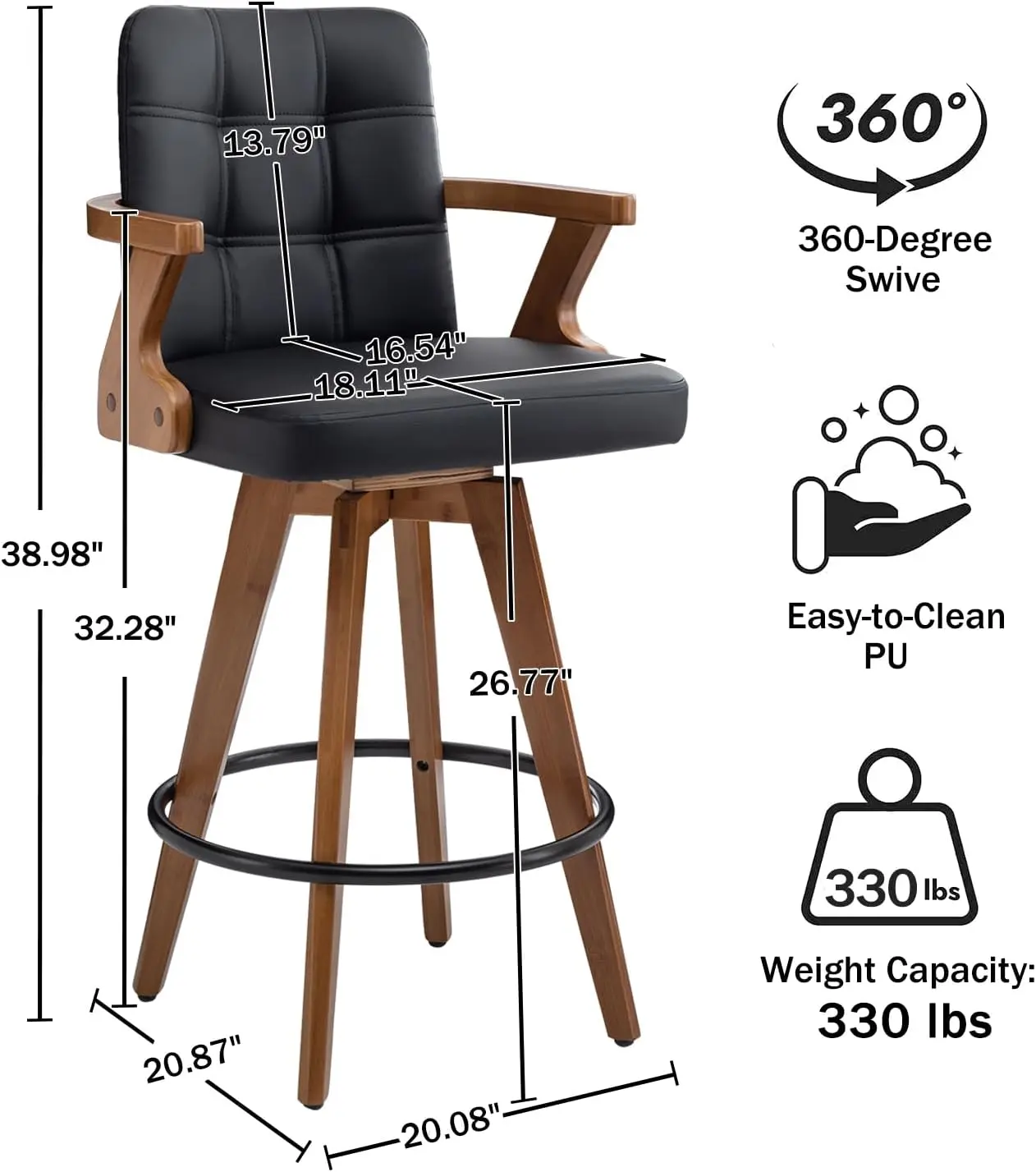 Ensemble de piste de bar en similicuir avec dossier, chaises de cuisine modernes, recommandé par Counter, OLS, noir, 26 "H, 2 pièces