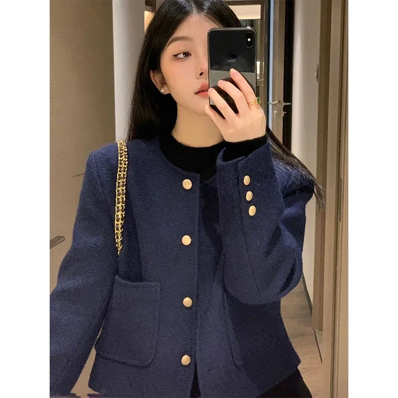 Vintage Cropped Tweed Jackets Women Elegant Quilted Suit Coat Korean Single Breasted Blazer Winter Ladies Thick Short Outerwear