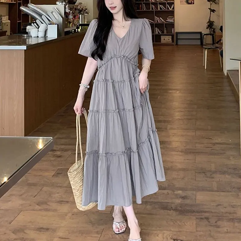 Women\'s Clothing A-Line Patchwork Long Dress Elegant V-Neck Summer Stylish Folds Casual Short Sleeve Solid Color Basic Dresses