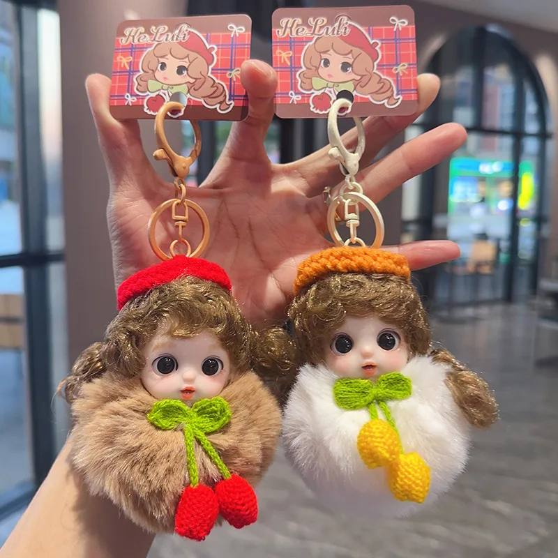 

Miniso 2026 Cute Doll Furry Cherry Curl Girl Plush Doll Keychain Hanger Decoration Best Birthday Gift Christmas Gift for Girls