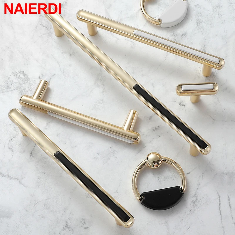 NAIERDI Zinc Alloy Gold Cabinet Knobs Kitchen Door Handles Black Drawer Cupboard Door Handle Cabinet Handles Furniture Hardware