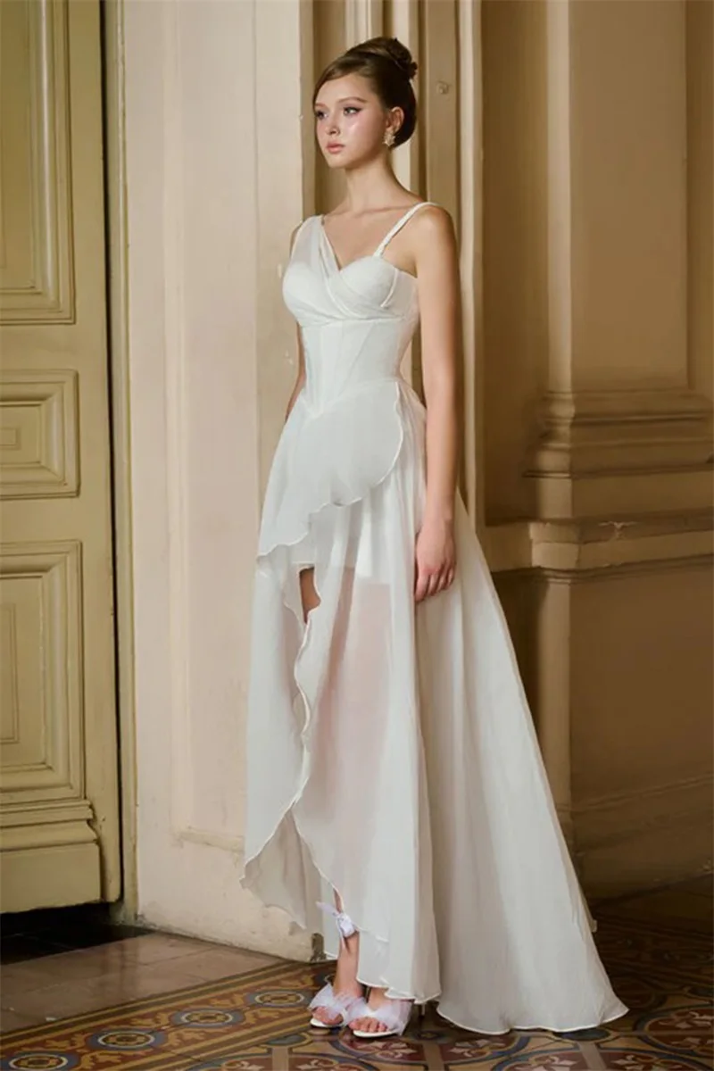 Sexy White Prom Dress Stripe Sleeveless Split Sheath Chiffon Party Gown Ruffles Autumn Formal Wedding Birthday Evening Robe