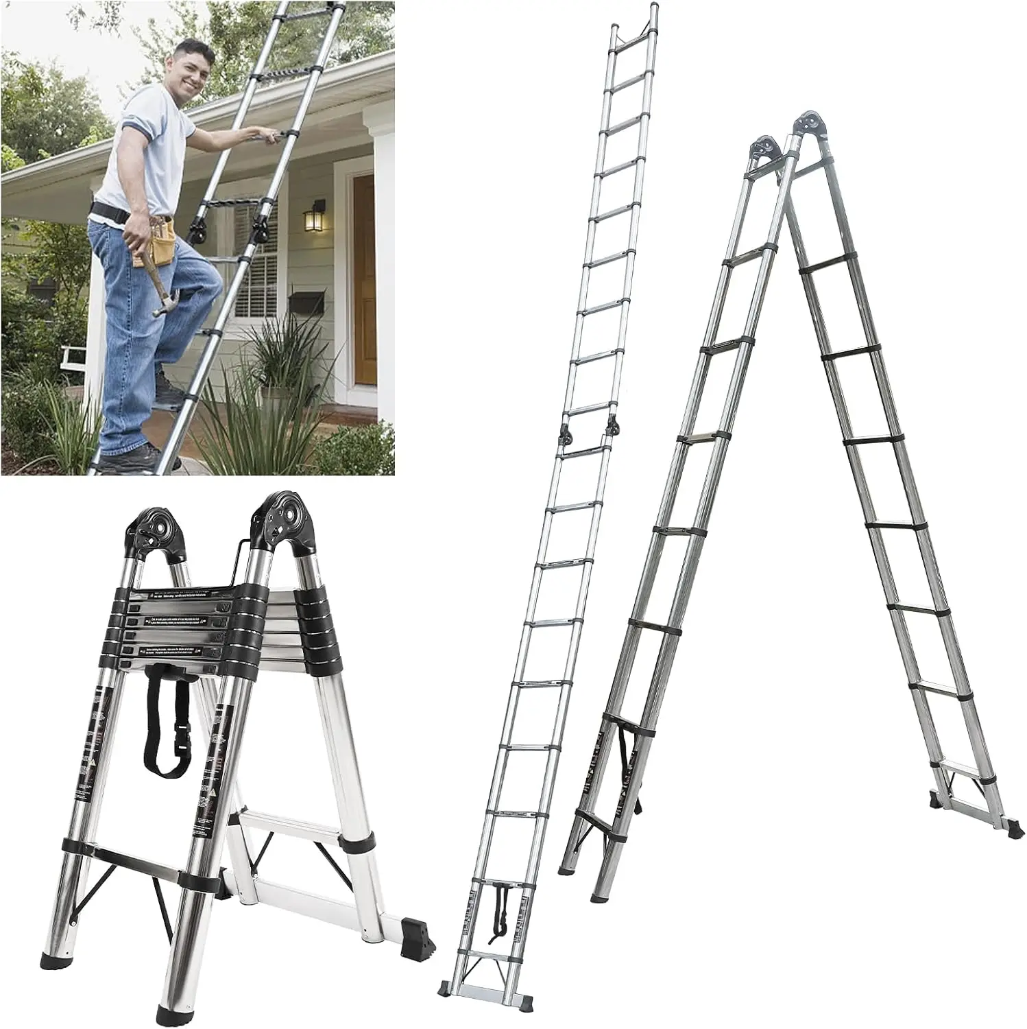 

JADDUO Telescoping Ladder A Frame 16.5 Ft Compact Aluminum Extension Ladder Portable Telescopic RV Outdoor Camper Trips 330 Lbs