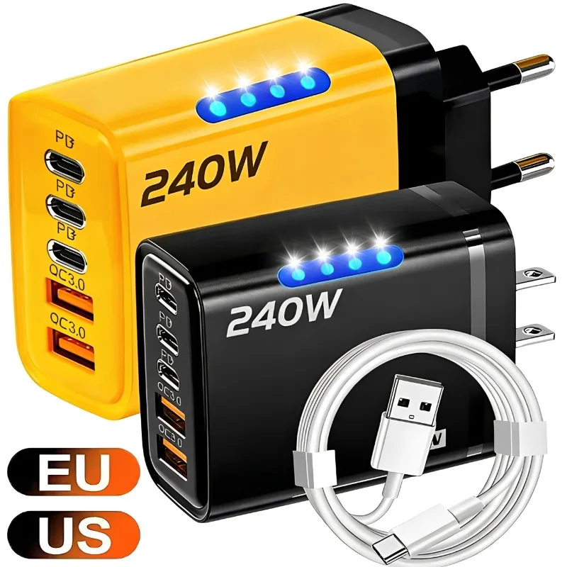 New 240W GaN Phone Fast Charger 5 Ports 3USB 2PD Fast Charging QC 3.0 Wall Charger Adapter for iPhone Samsung Xiaomi US EU