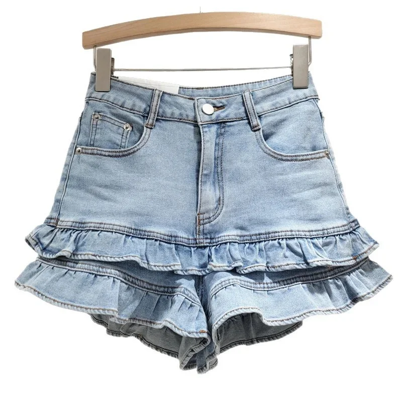 Denim Y2K Shorts Pants KoreaSweet Ruffled Women Summer Super Pretty Stretchy Versatile High Waist Slim Loose Wide Leg Pants New