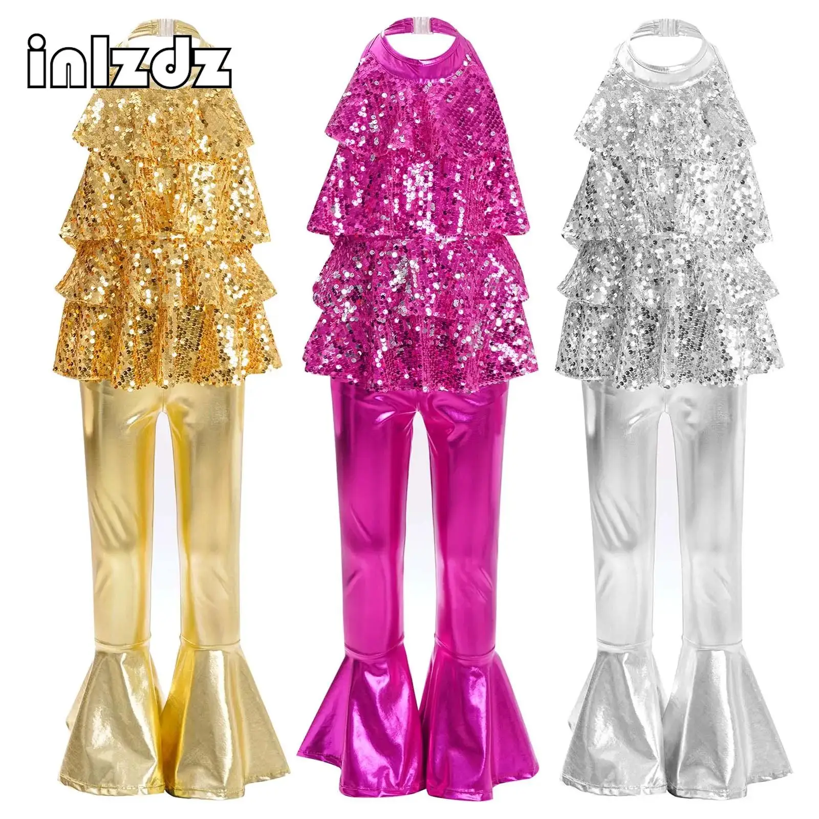 

Kids Girl Modern Latin Jazz Dance Costume School Show Performance Set Halter Backless Sequins Leotard+Pant 2-piece Dancewear Set