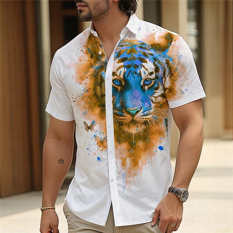 

Funny 3D Tiger Print Shirts For Men Fashion Trend Animal Pattern Oversized Short Sleeve T-shirt Summer Casual Lapel Button Tops
