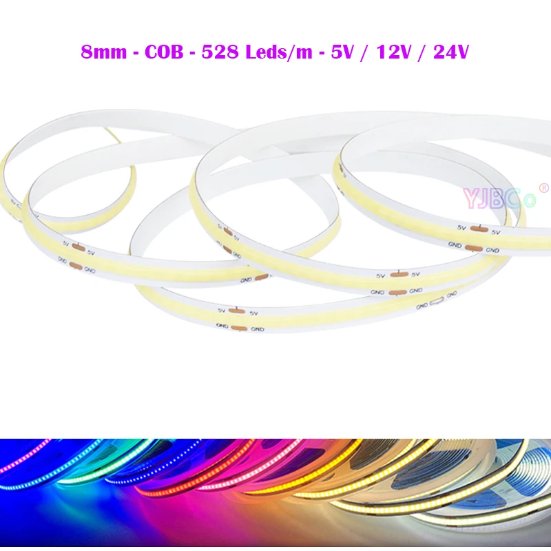 

5M Flexible COB LED Strip White/Warm white/Natural White/Blue/Ice Bule/Red/Green/Pink Light Tape 528LEDs/m 5V 12V 24V DC 8mm PCB