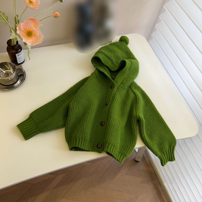 Boys And Girls Single-Breasted Hooded Knitted Cardigan Jacket Children\'s Spring And Fall Wool Ball Decoration Sweater Coat