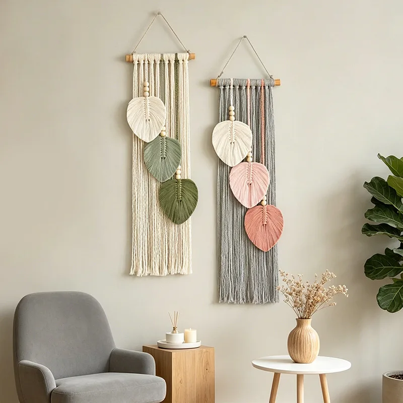 Multi‑Color Leaf Macrame Wall Hanging, Boho Cotton Rope Woven Tassel Wall Art Ornament, for Home Bedroom Housewarming Gift.