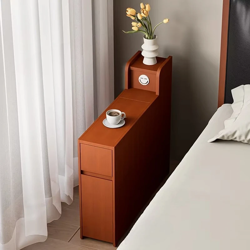 %&Retro Style Smiley Face Charging Partition Side Storage Cabinet Stainless Steel Movable Wood Panel for Sofa in Living Room