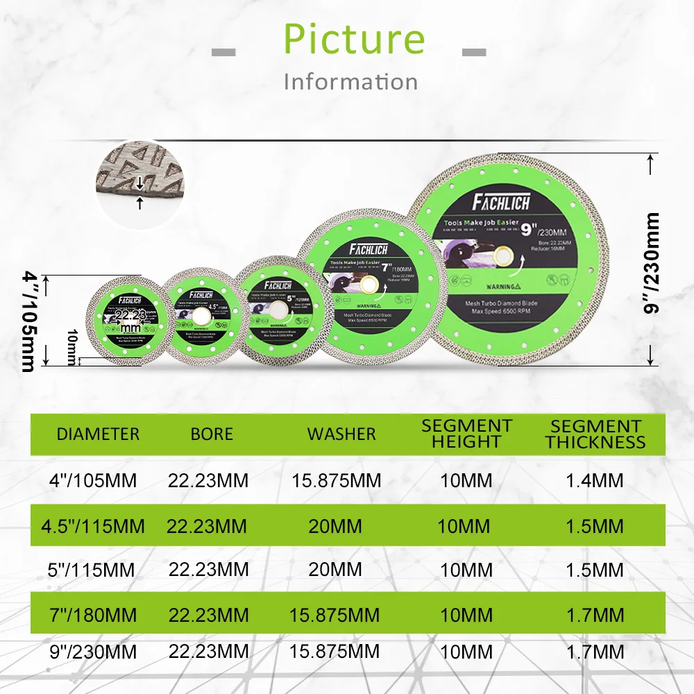 FACHLICH 1pc Dia105/115/125/180/230mm diamante malla Turbo disco de corte hoja de sierra cortador mármol granito azulejo placa de corte de cerámica