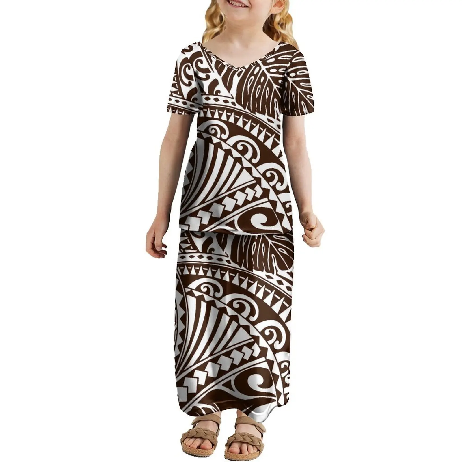 Polynesische V-Ausschnitt Puletasi Kinder kleid benutzer definierte Stammes ethnischen Blumen druck Sommer Kurzarm langes Kleid für Mädchen Set Kleid