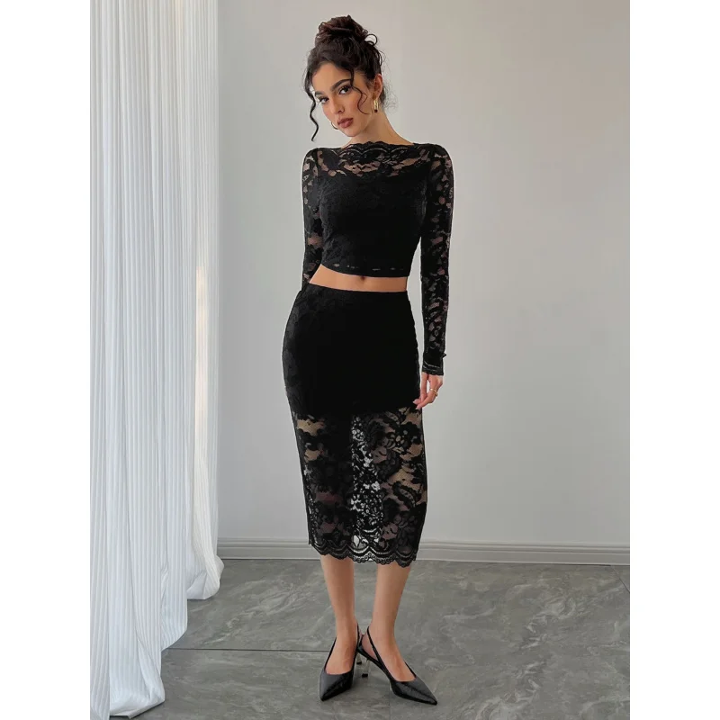 محطة مستقلة2025 الخريف والشتاء جديد مثير السيدات الدانتيل الجاكار شبه شفافة نصف طول تنورة مجموعة