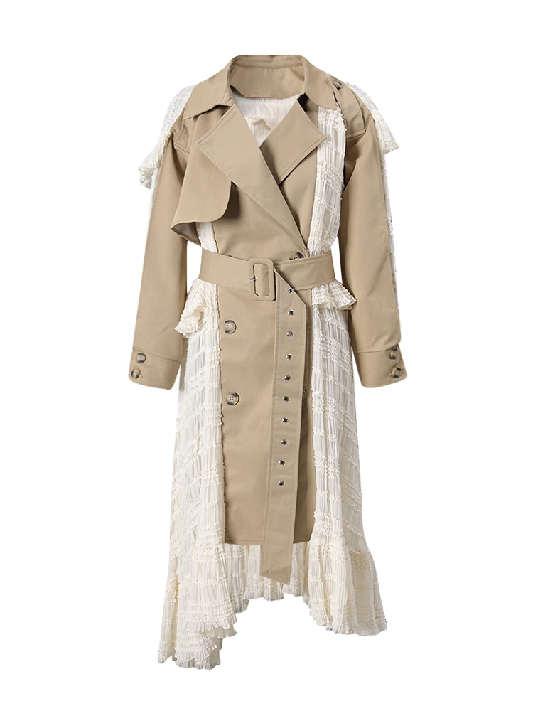 Women's Lapel Loose Double Breasted Sashes X-long Windbreaker Spring 2026 New Fashion Lace Patchwork Trench Coat