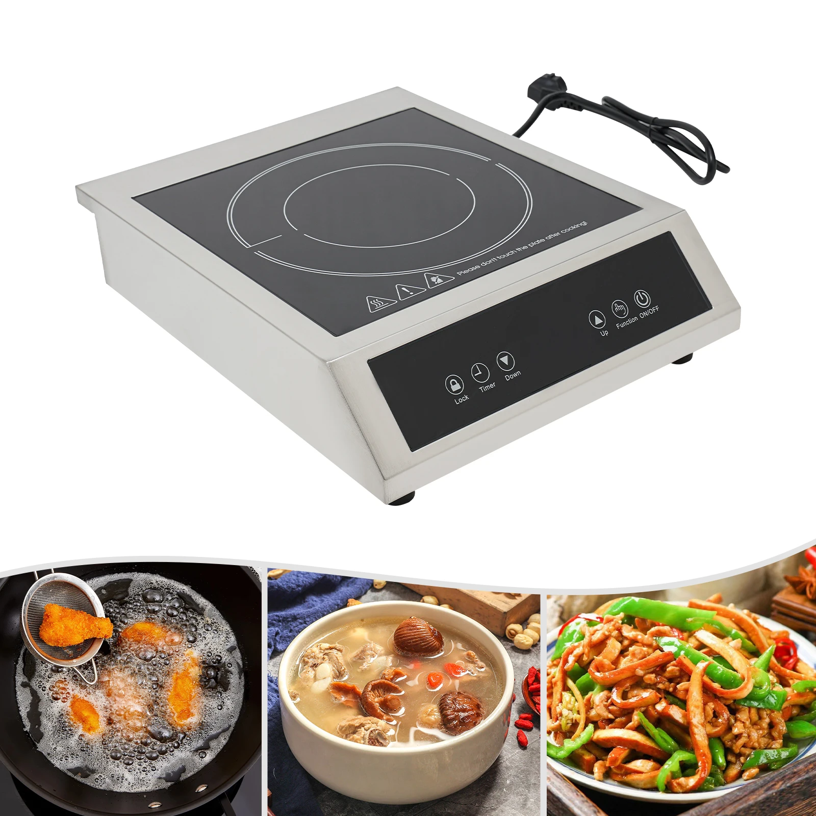 1800 W schwarzes kommerzielles Induktionskochfeld, 11-fach verstellbares rechteckiges mikrokristallines Induktionskochfeld für Töpfe und Pfannen