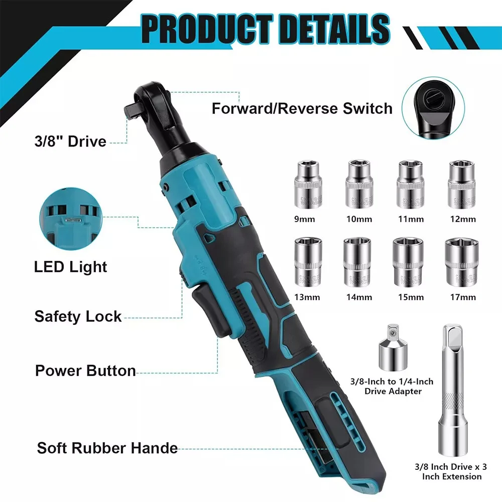 Electric Ratchet Wrench Set 500N.M Cordless Driver 3/8 in. Impact Removal Screw Nut Power Tools For Makita18V Battery