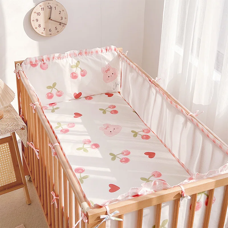 5Pcs Newborn Infant Toddlers Baby Crib Bumper Set Flat Bed Sheet Cotton Cartoon Print Breathable Mesh Craddle Reducer Fence Side