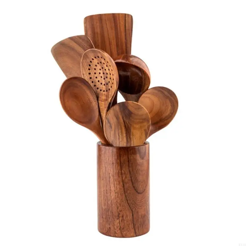 8 Pcs Wooden Tableware for Cooking Utensils Rack Natural Teak Comfortable Kitchen Cooking Utensils Set With Holder