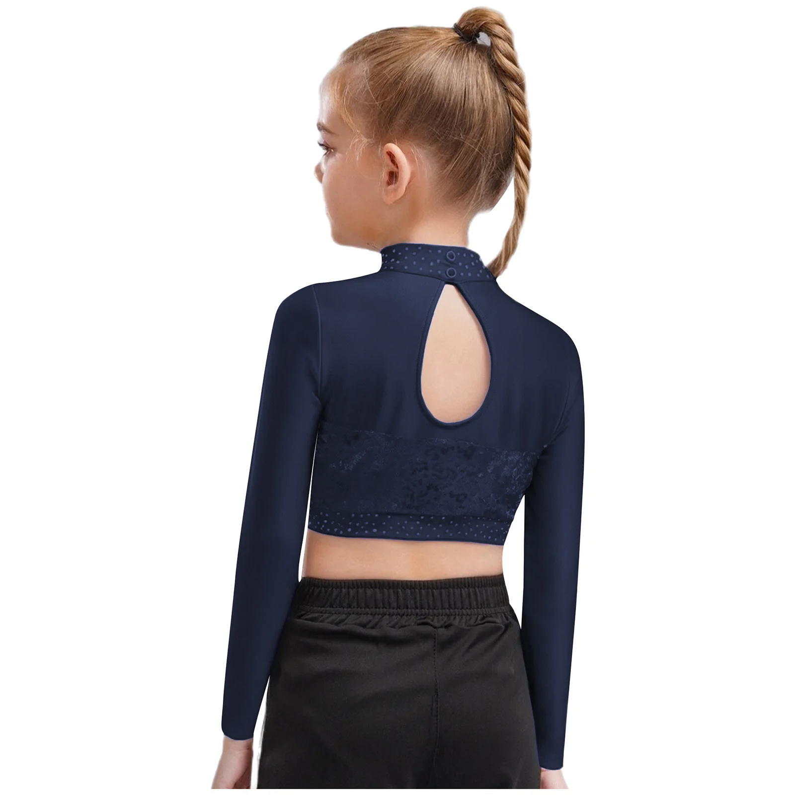 Kinder Mädchen Jazz Dance Top Streetwear Mock Neck Langarm Sheer Mesh Patchwork Glänzende Pailletten Crop Top für Performance Dancewear