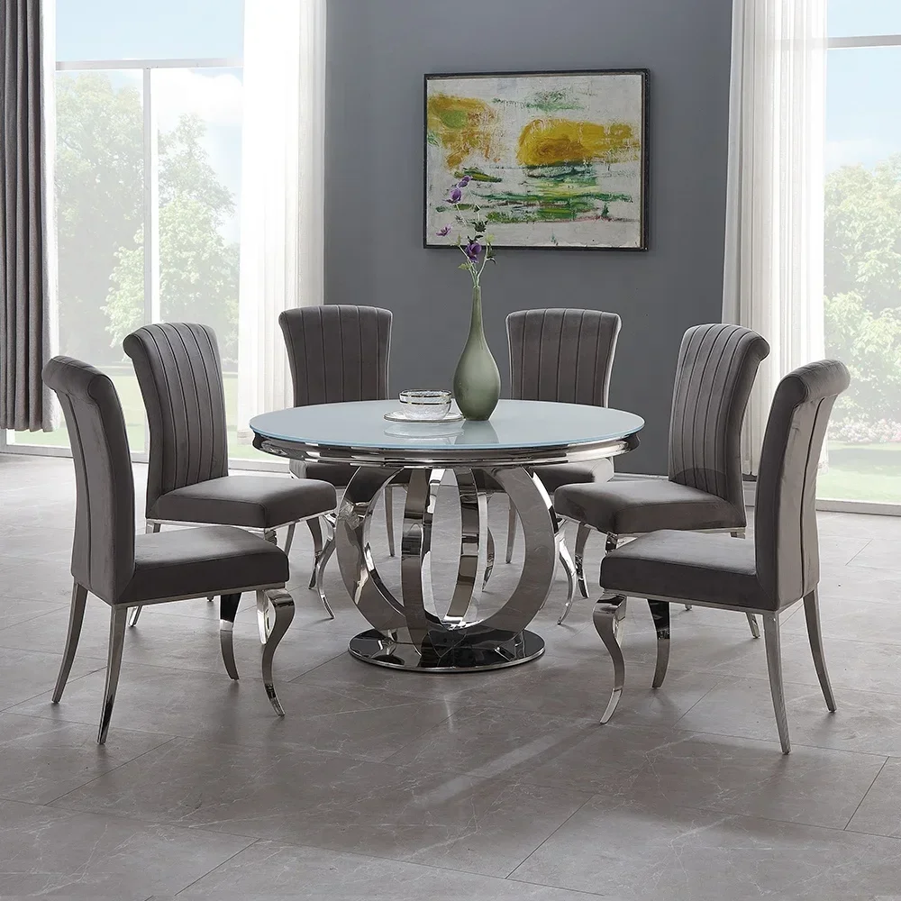 Guangzhou dining round dinning table set glass modern 6 chairs round table for restaurant steel stew glass dining table