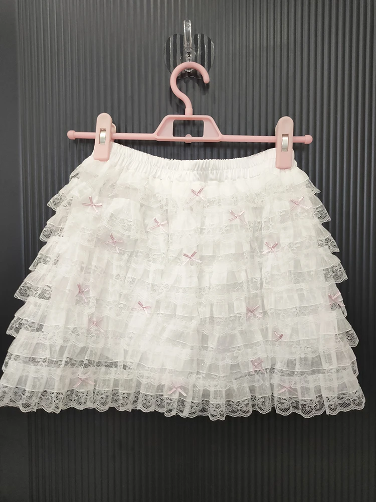 Faldas de encaje de múltiples capas para niñas dulces, decoración de lazos de verano, cintura elástica, estilo Lolita, pantalones cortos de pastel, falda para mujer