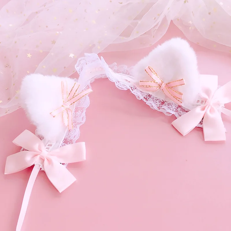 Lolita Katzenohren-Haarband für Frauen, süße Spitze, Haarnadel, Kopfschmuck, Cosplay, Anime-Stirnbänder, Plüsch-Kunstfell-Ohren, Band, Schleife, Haarreifen – Detail 5